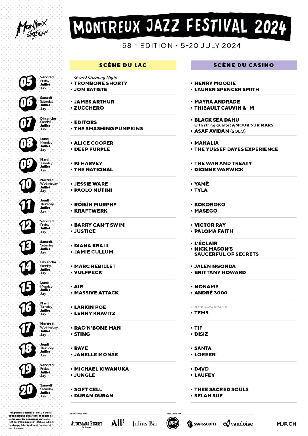 Affiche du programme du 58e Montreux Jazz Festival 2024, du 5 au 20 juillet, avec artistes par date sur deux scènes : Scène du Lac et Scène du Casino