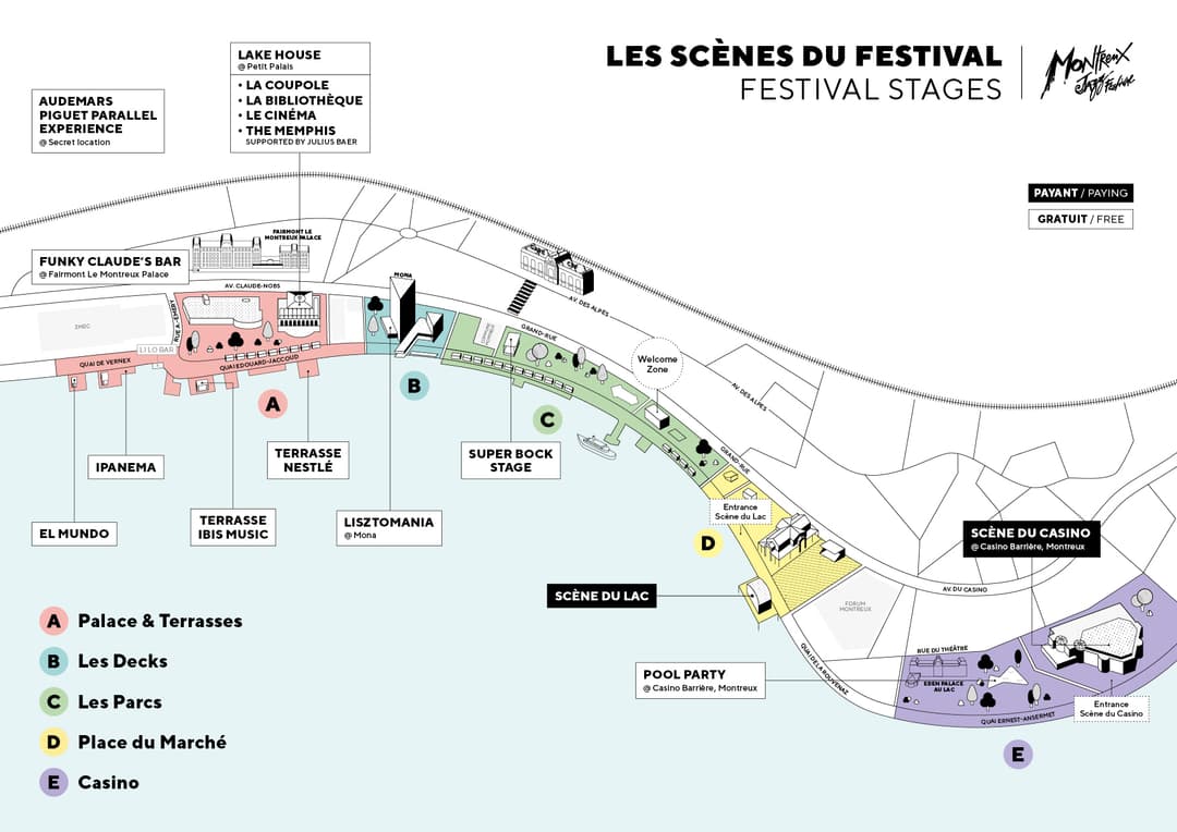Plan du 58e Montreux Jazz Festival montrant les différentes scènes et lieux : Palace & Terrasses, Les Decks, Les Parcs, Place du Marché et Casino