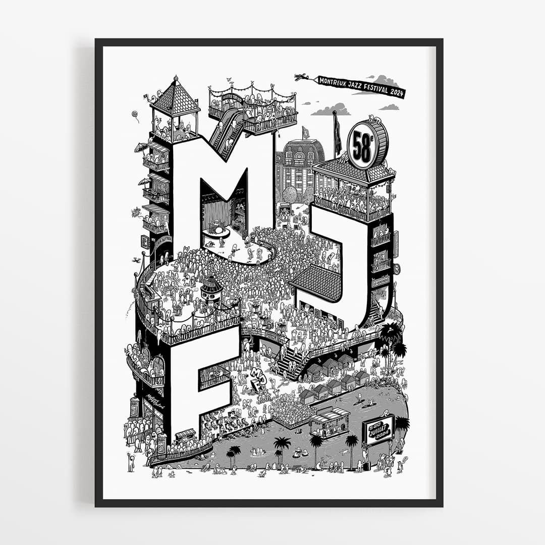 Affiche du 58e Montreux Jazz Festival 2024 avec illustration en noir et blanc montrant des scènes, foules et bâtiments enchevêtrés