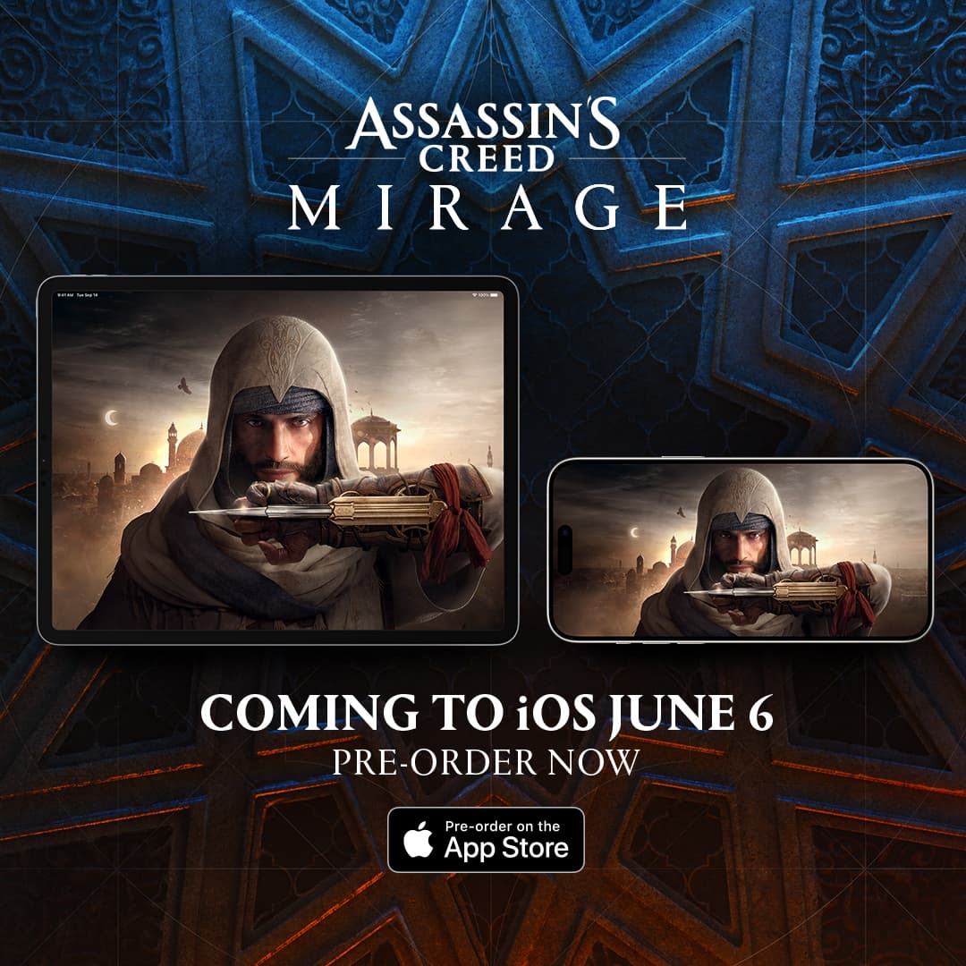 Logo Assassin's Creed Mirage avec personnage armé sur iPad et iPhone, annonce sortie iOS 6 juin