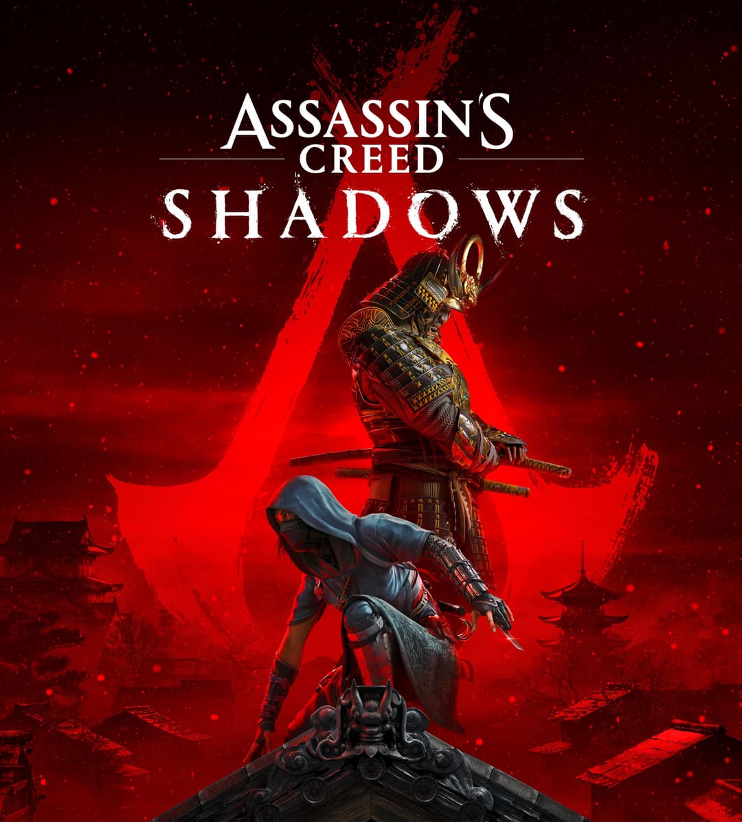 Affiche d'Assassin's Creed Shadows montrant un assassin en armure traditionelle japonaise sur fond rouge intense