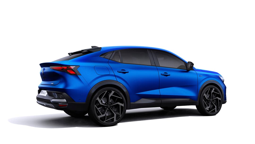 Renault Rafale E-Tech 4x4 300 CH bleu vu de profil, SUV coupé aux lignes sportives avec toit noir et jantes design