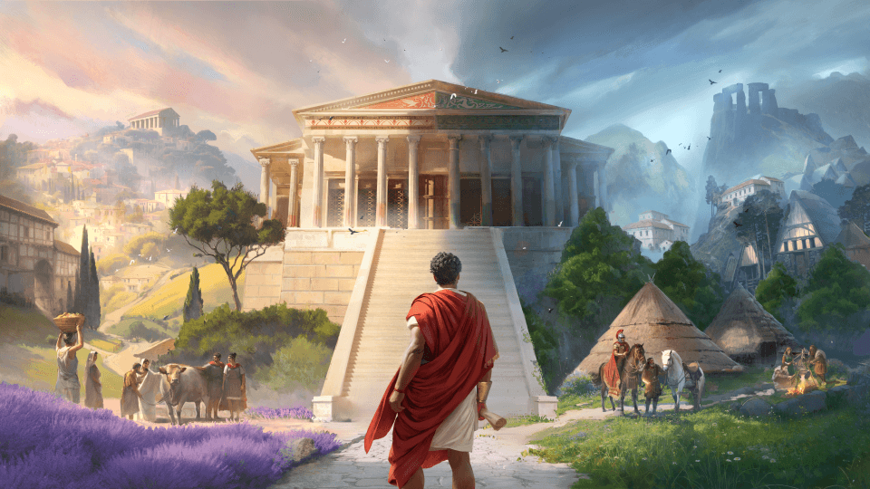 Personnage vêtu d'une toge rouge face à un temple antique romain, avec une ville et des villages dans un paysage méditerranéen