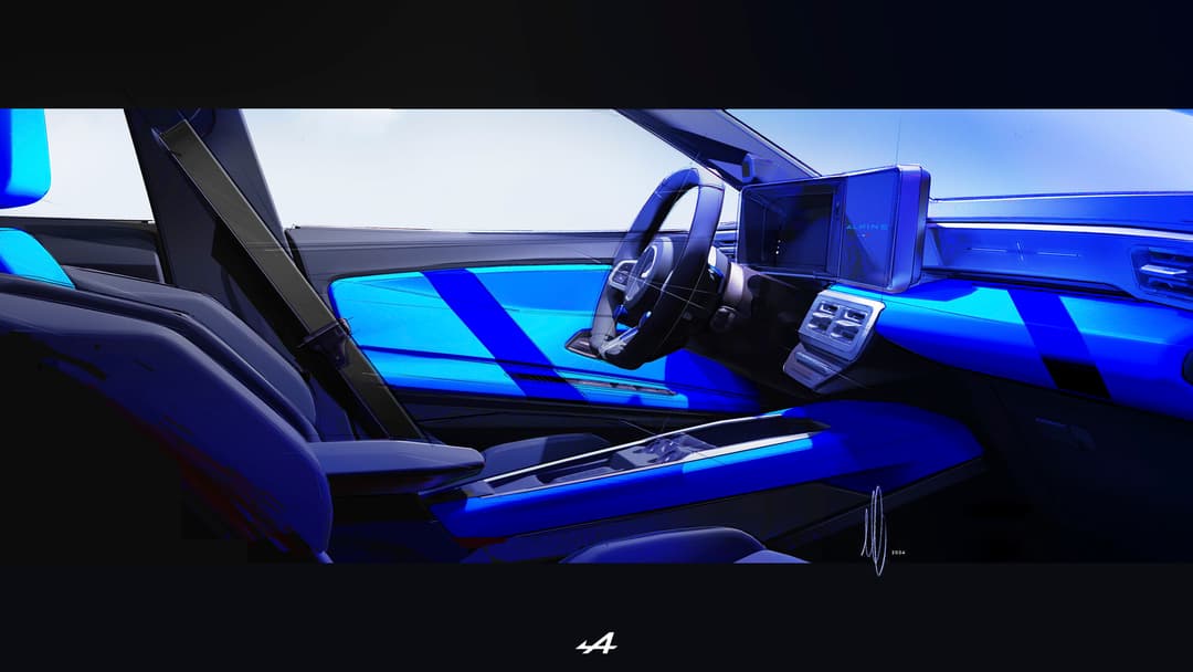 Alpine A290 bleu électrique, intérieur sportif avec volant et écrans numériques, design moderne aux accents cyan