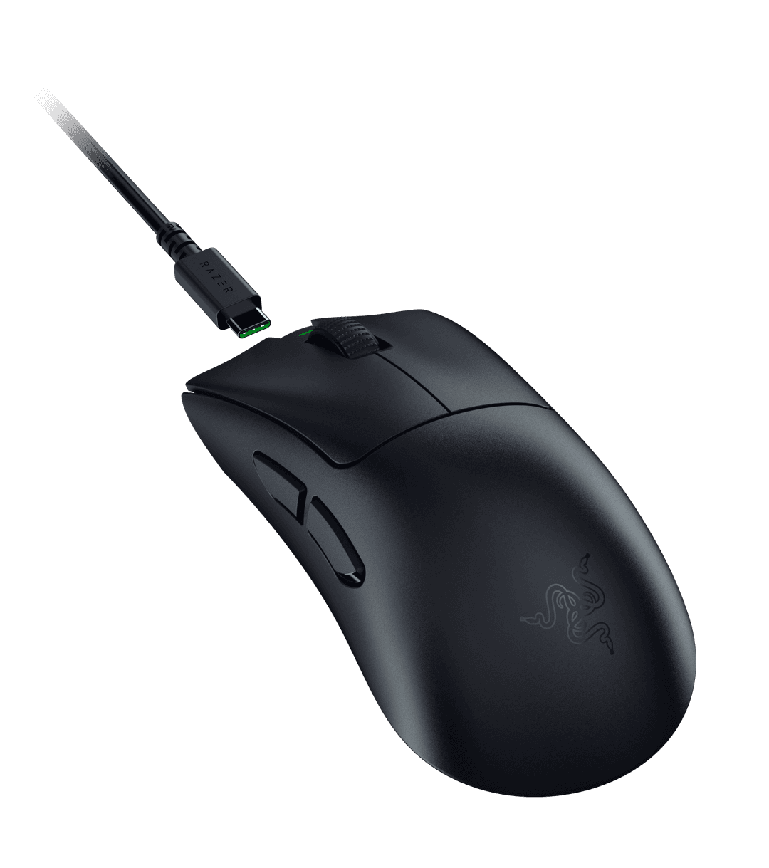 Souris Razer DeathAdder V3 HyperSpeed noire avec câble USB, vue de trois quarts sur fond blanc
