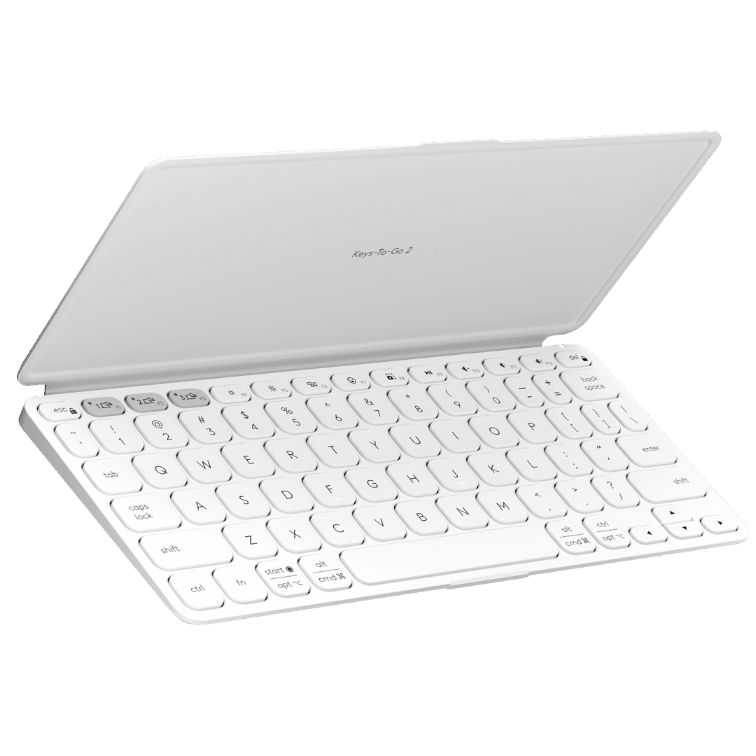 Clavier Logitech Keys-To-Go 2 blanc et gris avec housse intégrée, vue de trois quarts