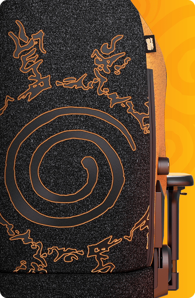 Chaise gaming Secretlab Naruto avec motifs oranges et noirs : spirale emblématique, Kurama neuf queues et magatamas, sur fond jaune