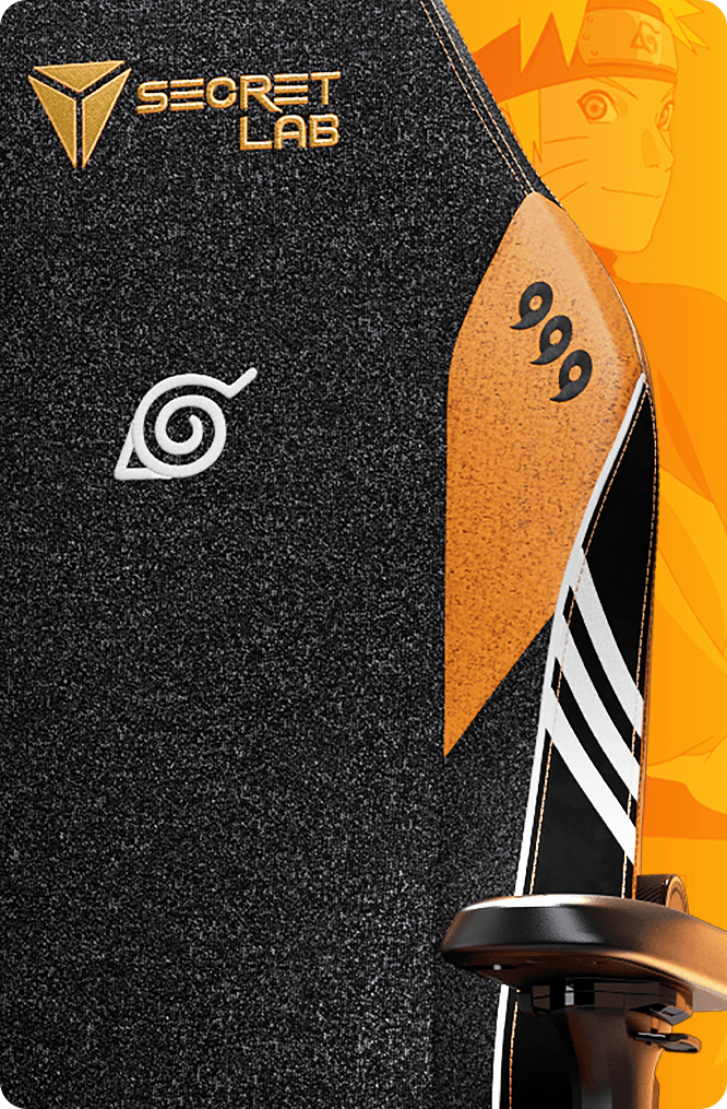 Chaise gamer Secretlab Naruto noir et orange avec logo Secretlab, symbole du village caché de Konoha, magatamas en mode neuf queues et bandeau shinobi