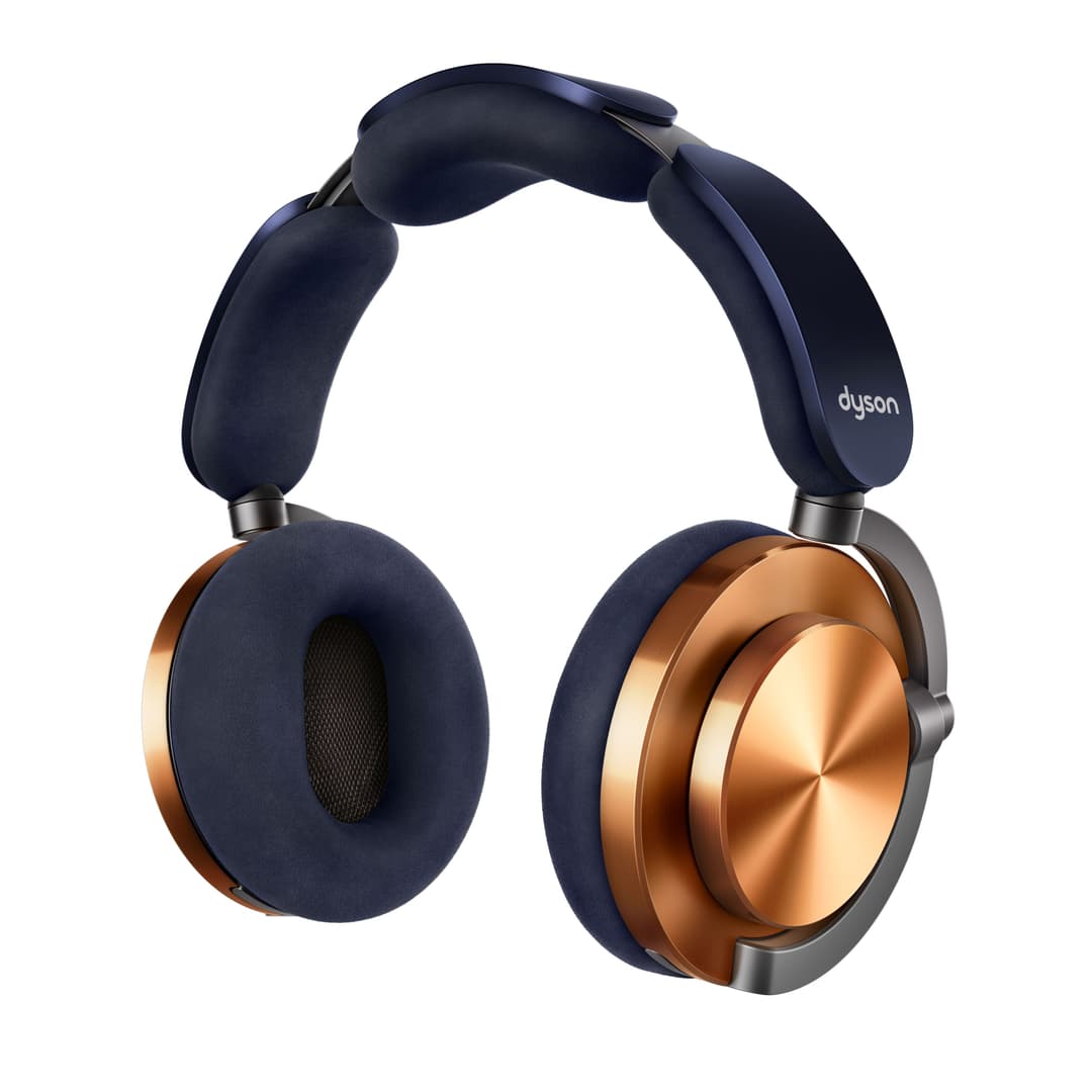 Casque audio Dyson OnTrac bleu marine avec coques cuivrées, coussinets rembourrés et arceau de maintien