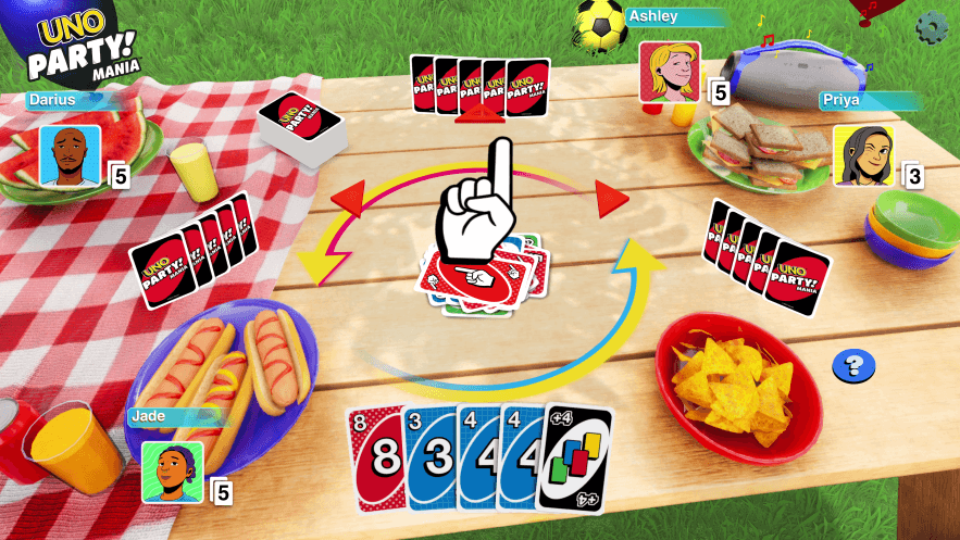Partie d'UNO Party! Mania autour d'une table de pique-nique avec cartes, jetons et accessoires colorés