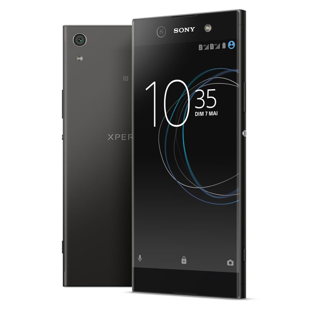 Sony Xperia XA1 noir, vue de face et de dos, écran allumé affichant l'heure 10h35