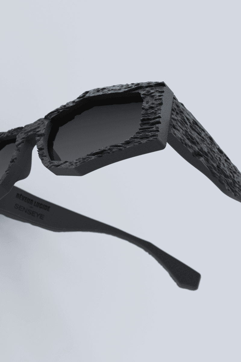 Lunettes VISAGES noires imprimées en 3D, avec verres tintés et monture texturée, présentées sur fond gris