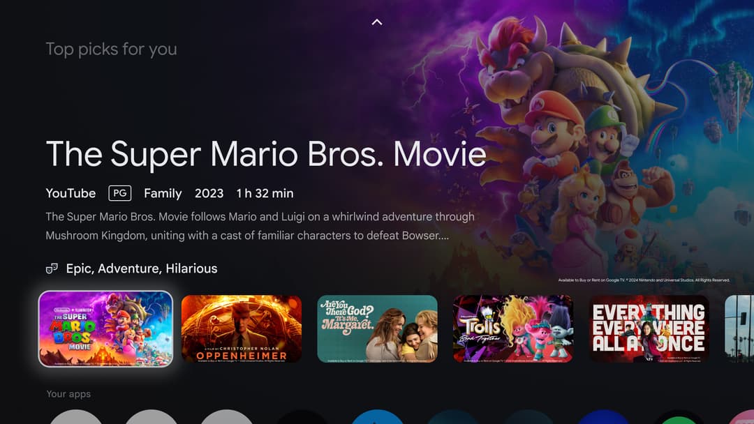 Interface Google TV Streamer affichant des recommandations de films et séries, dont The Super Mario Bros. Movie en avant-plan avec des vignettes de contenus variés