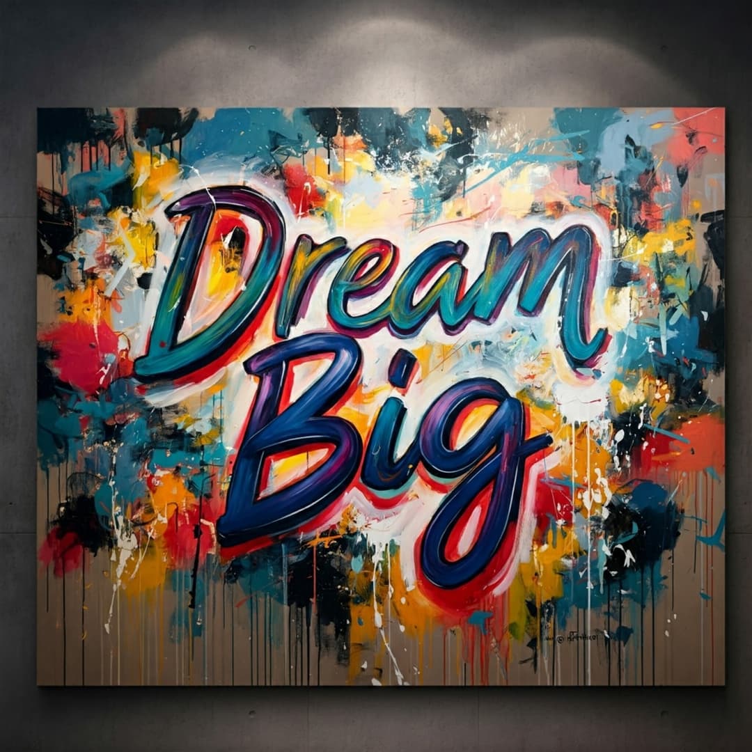 Peinture abstraite colorée avec texte « Dream Big » en lettres fluides multicolores sur fond de taches et éclaboussures bleu, rouge, jaune et noir