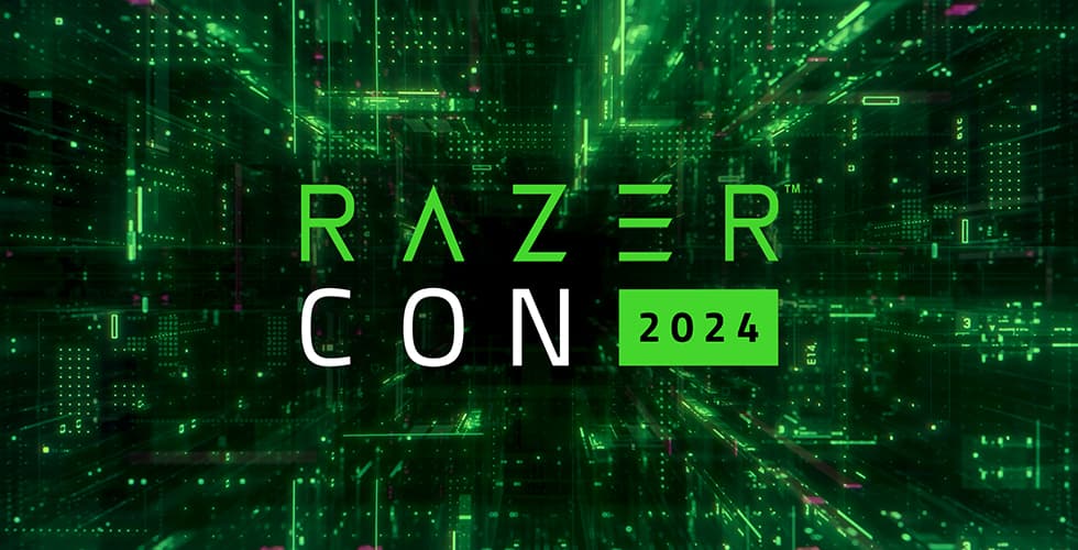 Logo RazerCon 2024 en lettres vertes et blanches sur fond de circuit numérique vert fluo
