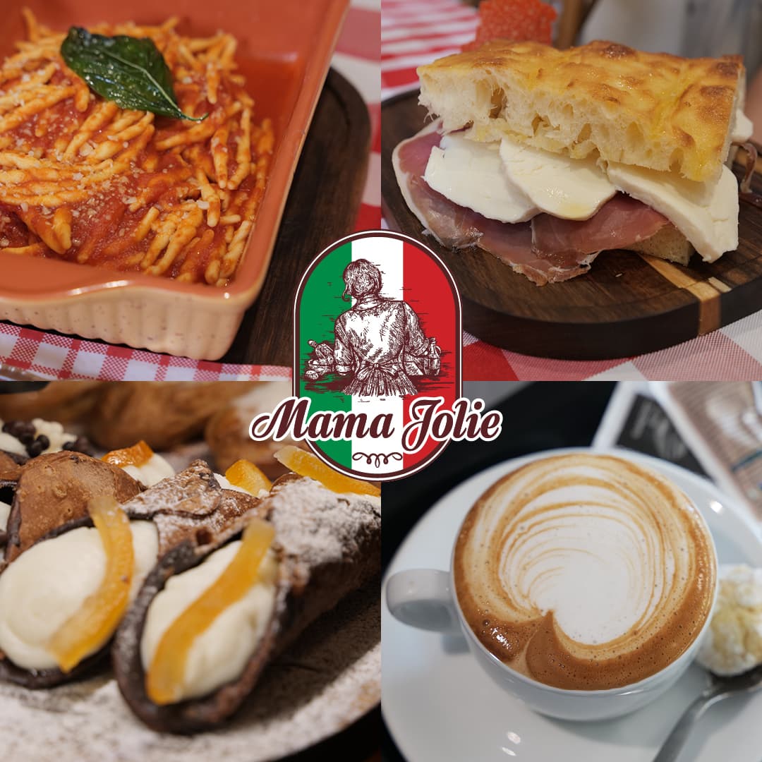 Plats italiens du restaurant Mama Jolie : pâtes à la tomate, sandwich avec charcuterie et fromage, pâtisserie au chocolat, cappuccino