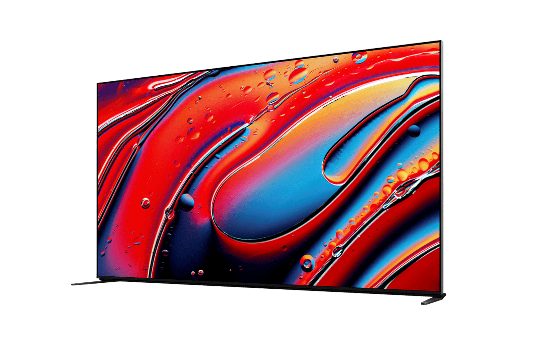 Téléviseur Sony BRAVIA 9 65 pouces affichant des formes fluides abstraites en rouge, bleu et orange avec des gouttes d'eau