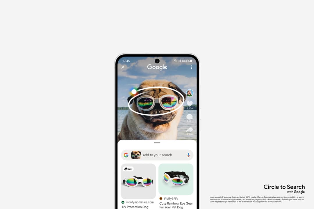 Samsung Galaxy S24 FE affichant l'écran d'accueil avec Google et un chien portant des lunettes de soleil colorées