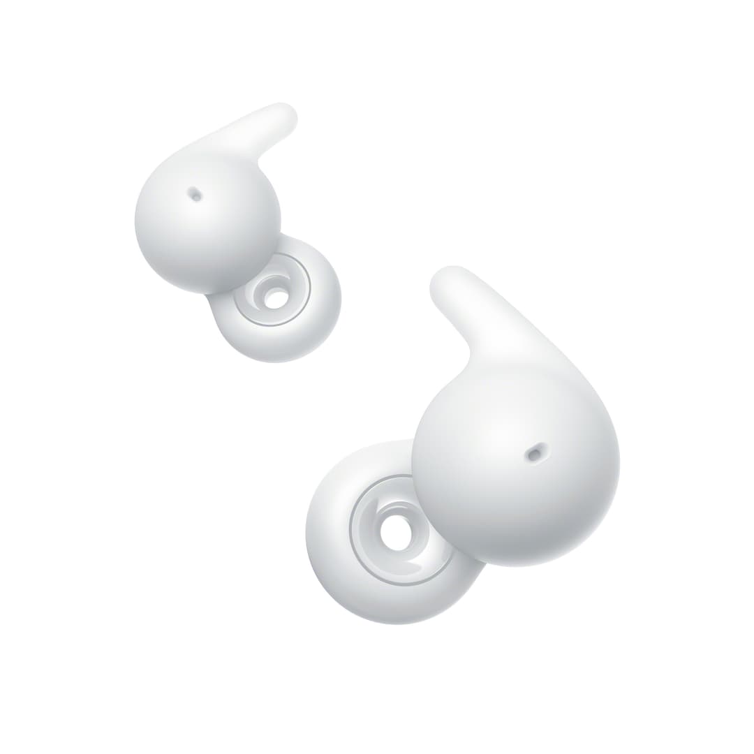 Écouteurs sans fil Sony LinkBuds Open blancs, avec design ouvert et tige recourbée, vue de face et de profil
