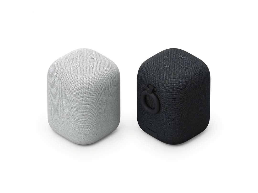 Enceinte Sony LinkBuds Speaker en gris clair et noir, design cylindrique compact avec boutons de contrôle