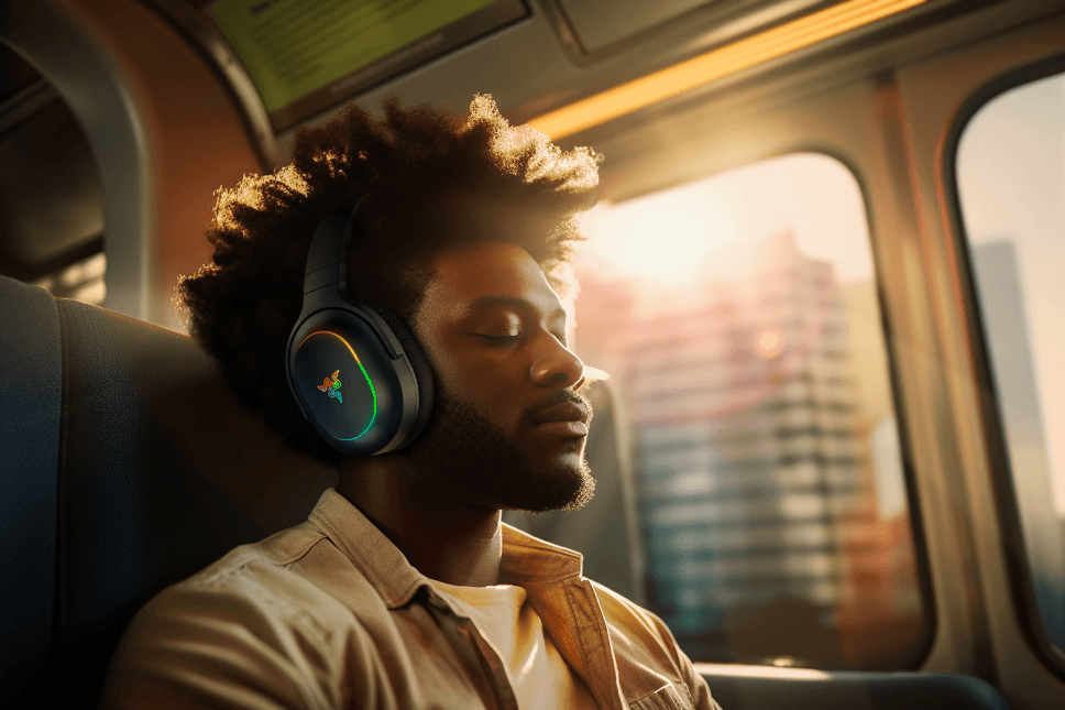Casque Razer Barracuda X Chroma noir avec accents colorés porté par une personne dans un véhicule