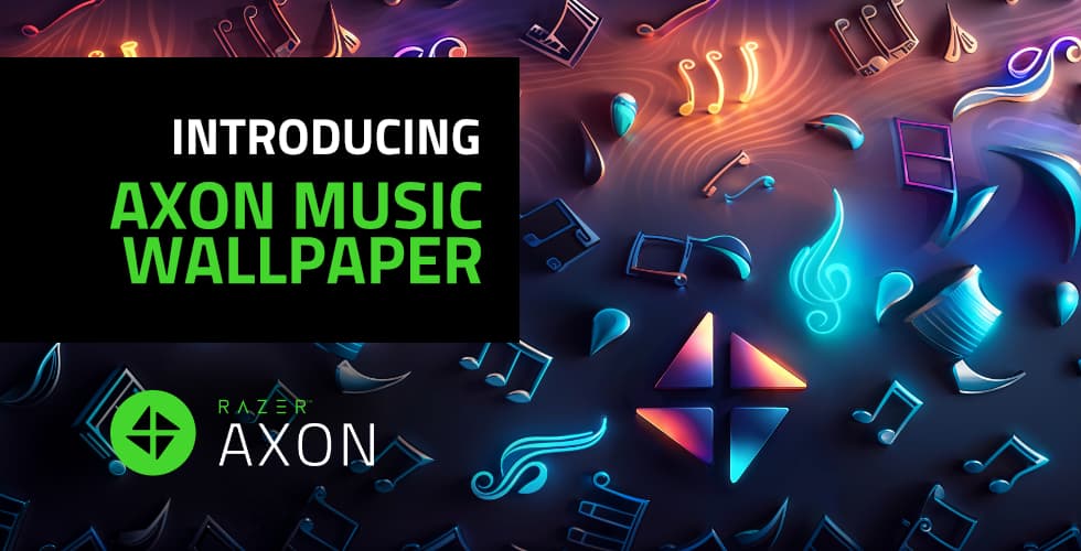 Affiche Razer Axon présentant des symboles musicaux luminescents en rose, bleu et orange sur fond noir, avec le logo vert de Razer Axon