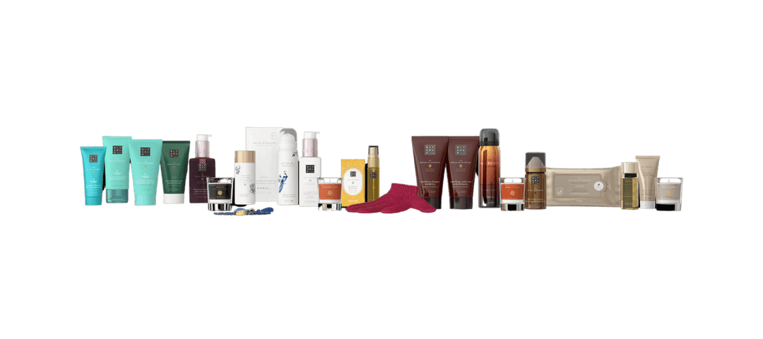 Sélection de produits Rituals incluant gels douche, crèmes, bougies et accessoires de soin et décoration pour la maison