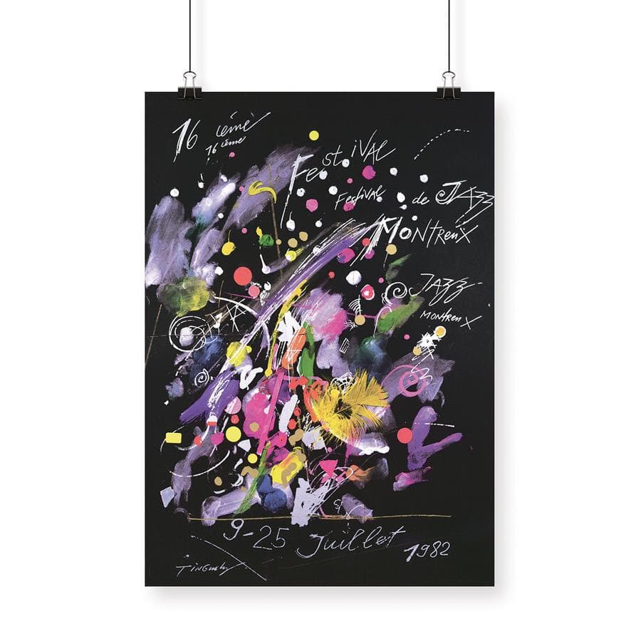 Affiche du Montreux Jazz Festival 1982 de Jean Tinguely avec formes abstraites colorées violettes, jaunes et roses sur fond noir