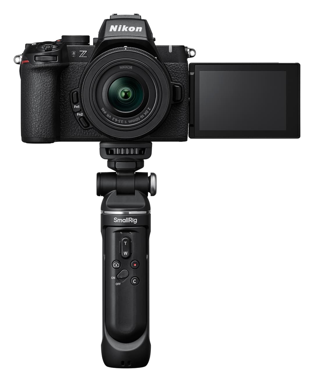 Nikon Z50II noir monté sur grip SmallRig avec écran articulé et objectif Nikkor, vue de face