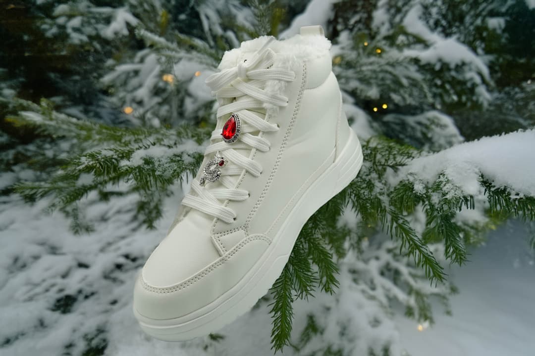 Basket montante blanche ornée de ShoeMe Charms rouges et argentés, posée sur des branches de sapin enneigées