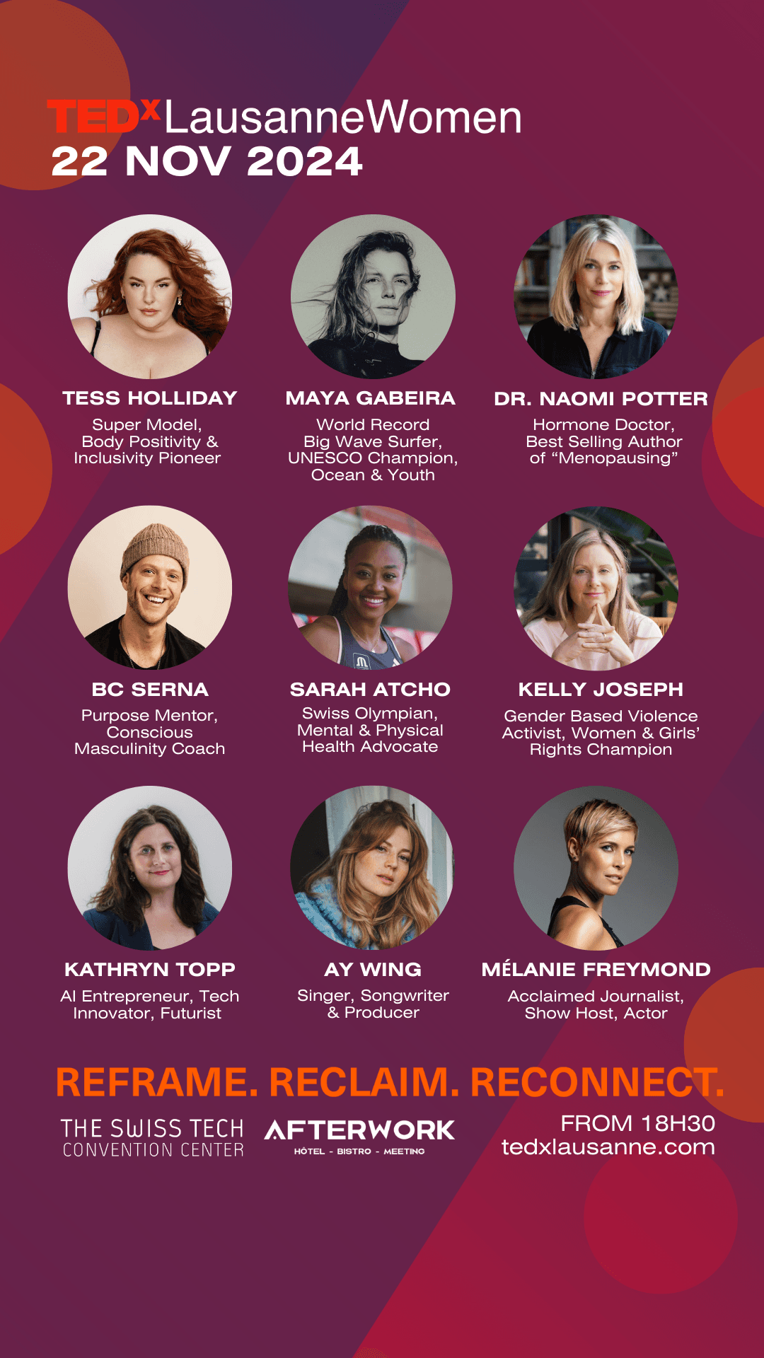 Affiche TEDxLausanneWomen 2024 avec neuf intervenantes et intervenants dont Tess Holliday, Maya Gabeira et Dr. Naomi Potter, le 22 novembre au Swiss Tech Convention Center