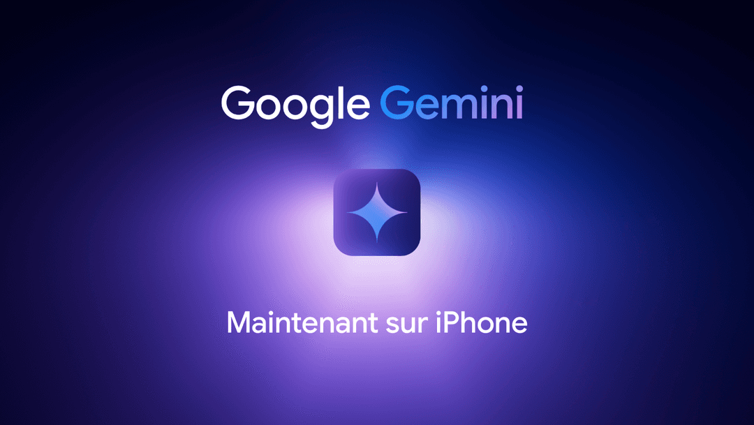 Logo Google Gemini avec icône en dégradé bleu-violet et texte « Maintenant sur iPhone »