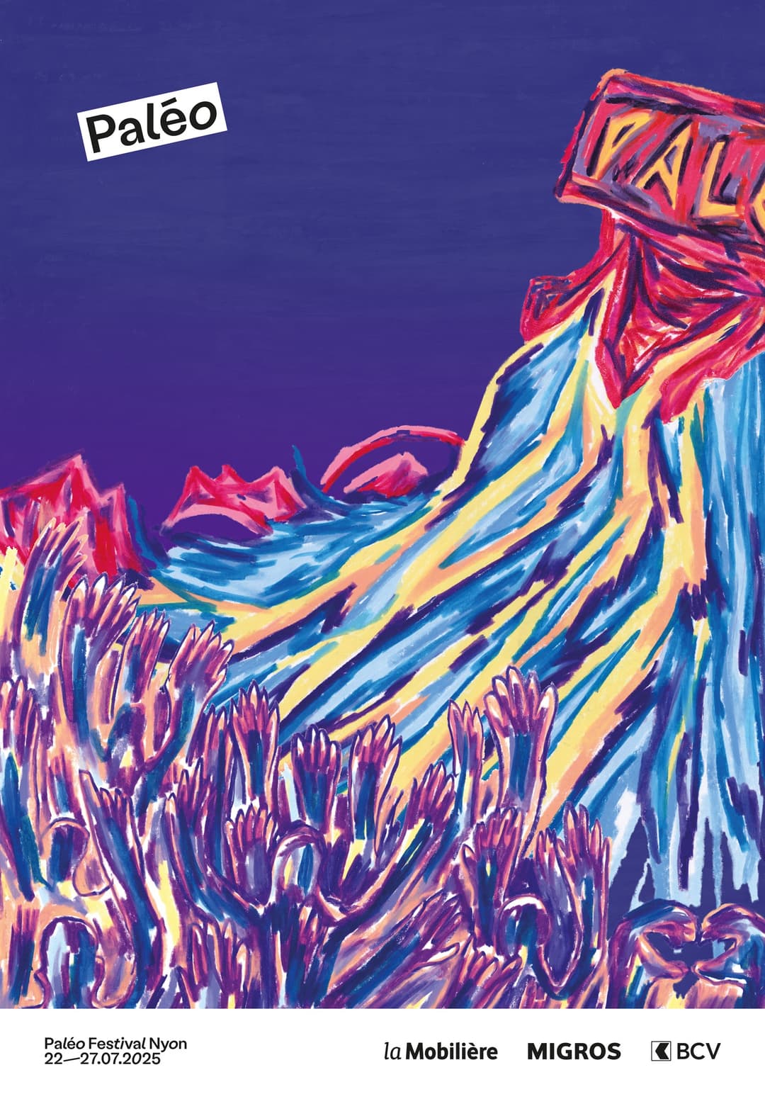 Affiche du Paléo Festival 2025 aux couleurs vibrantes rouge, bleu et jaune avec silhouette stylisée d'une personne levant les bras, fond bleu nuit
