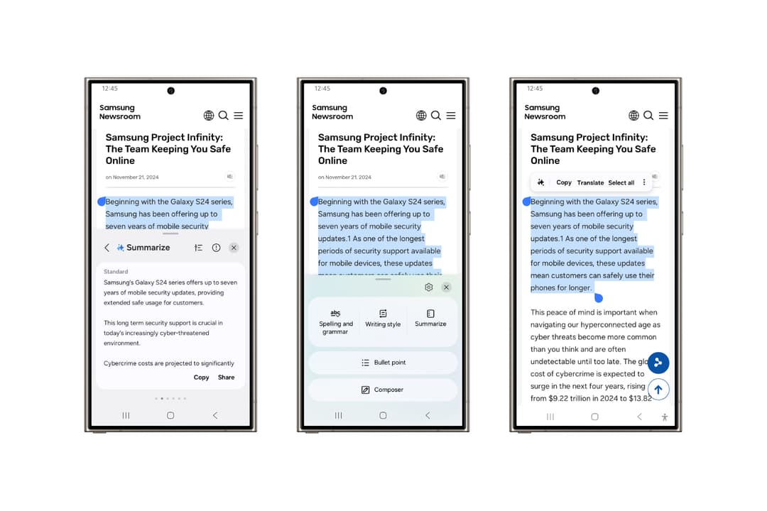 Trois écrans de smartphone Samsung affichant One UI 7 avec des outils d'aide à l'écriture : résumé, correction orthographique et mise en forme de texte