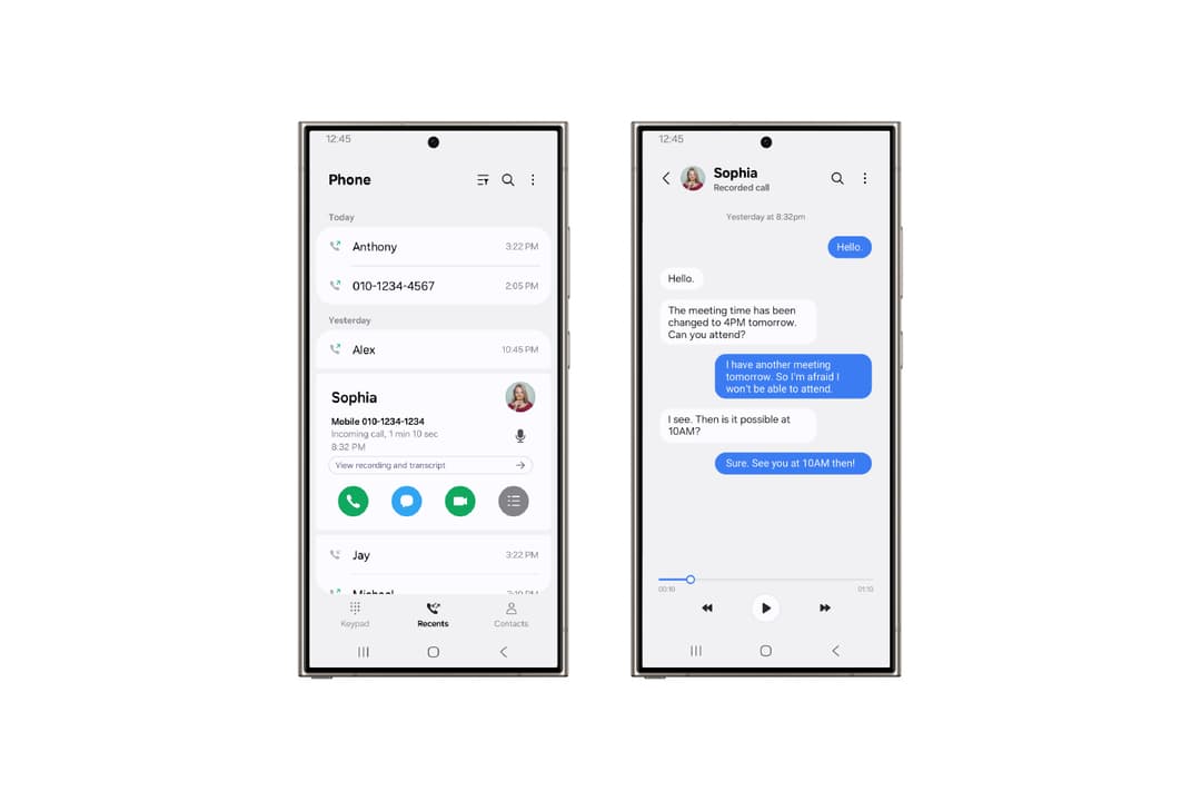 Interface One UI 7 montrant l'application Téléphone avec liste d'appels et un appel enregistré de Sophia affiché avec transcription automatique du dialogue