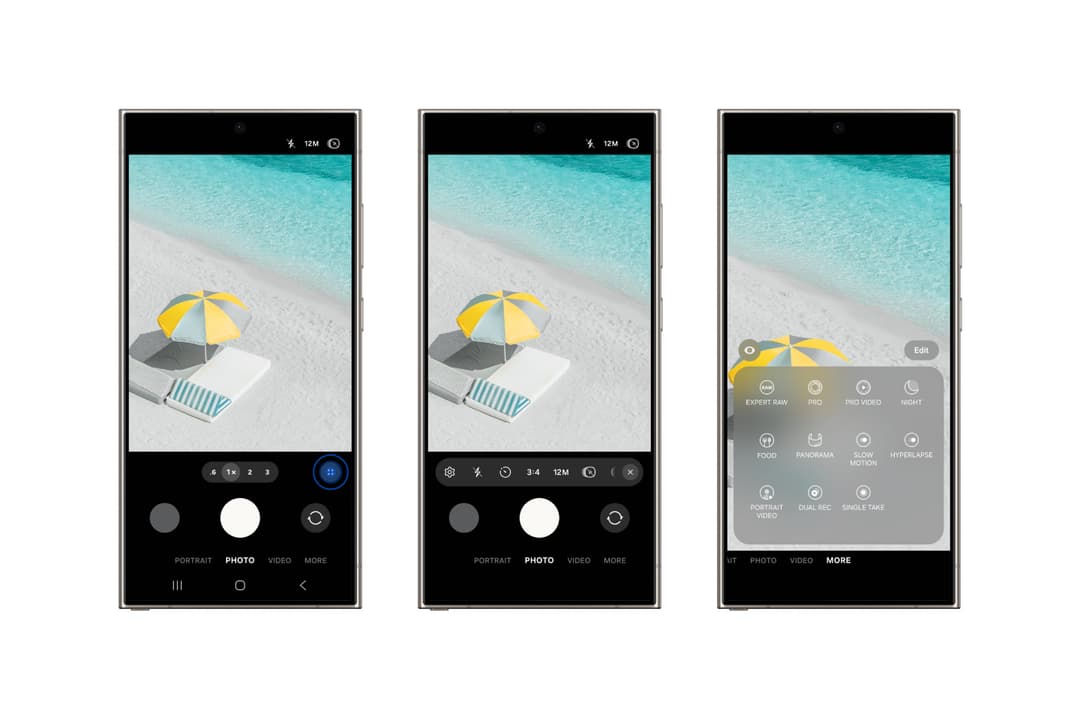 Interface de caméra Samsung One UI 7 avec modes de prise de vue réorganisés et aperçu en temps réel d'une plage avec parasol jaune