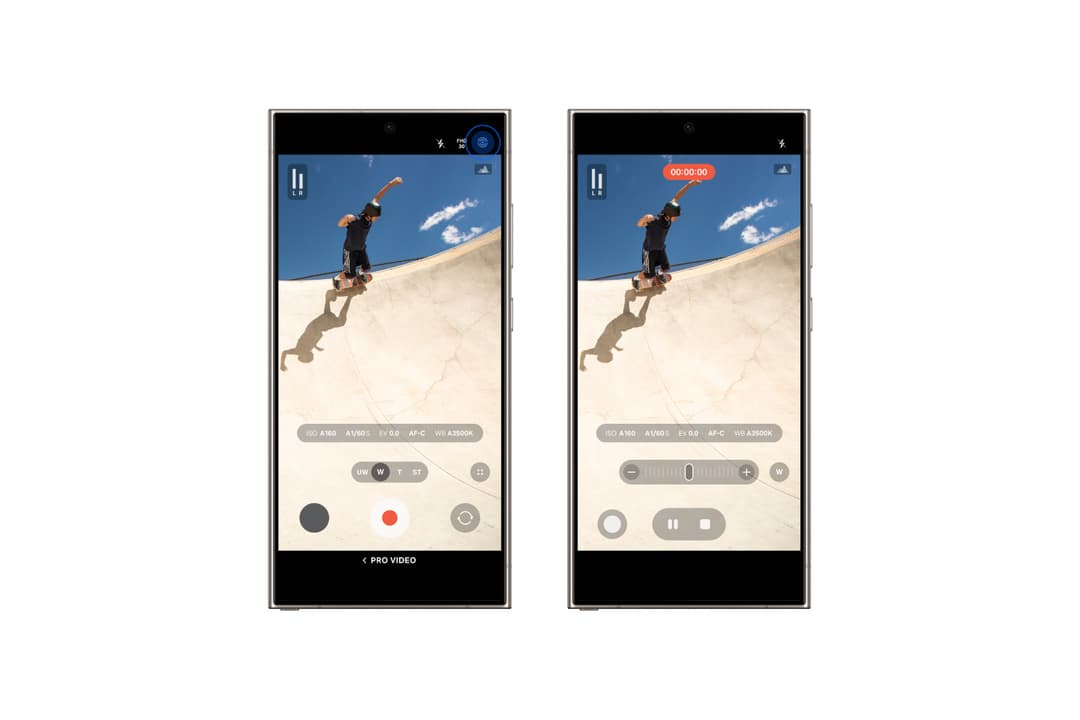 Deux interfaces de caméra Samsung One UI 7 en mode Pro Vidéo, affichant un skateur en action avec des commandes réorganisées et un contrôle de zoom simplifié