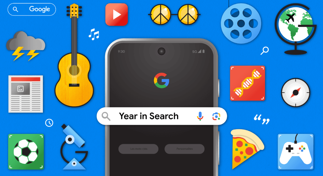 Smartphone affichant l'application Google avec la barre de recherche « Year in Search », entouré d'icônes représentant divers centres d'intérêt : musique, vidéo, sports, cinéma, voyage et jeux vidéo sur fond bleu