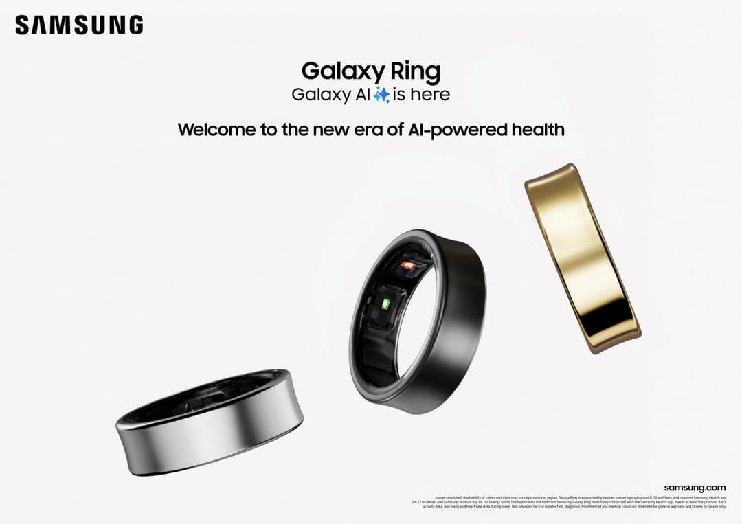 Samsung Galaxy Ring en trois couleurs : noir, argent et or, avec texte « Galaxy AI is here » et « Welcome to the new era of AI-powered health »