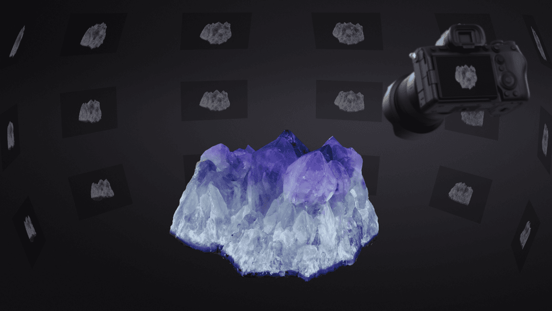 Appareil photo hybride Sony captant un cristal violet et blanc en 3D, entouré d'éléments numériques flottants sur fond noir