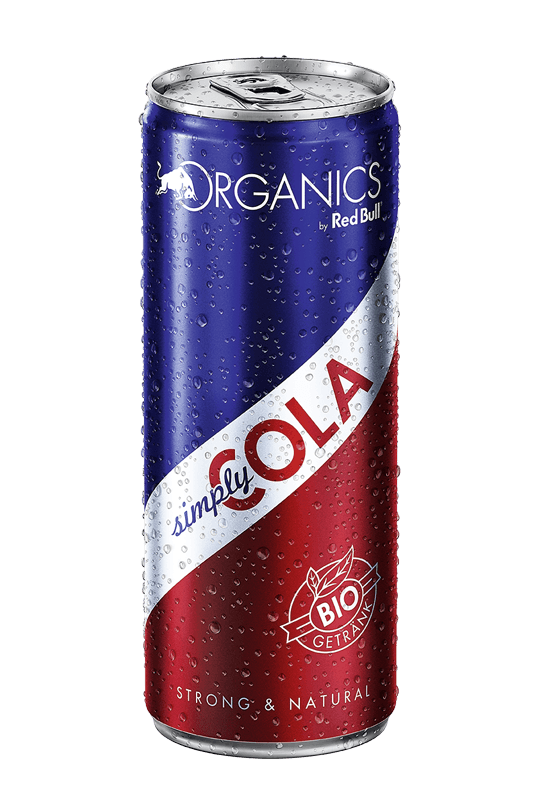 Canette ORGANICS by Red Bull bleu et rouge, saveur Simply Cola bio et végan, avec gouttelettes de condensation