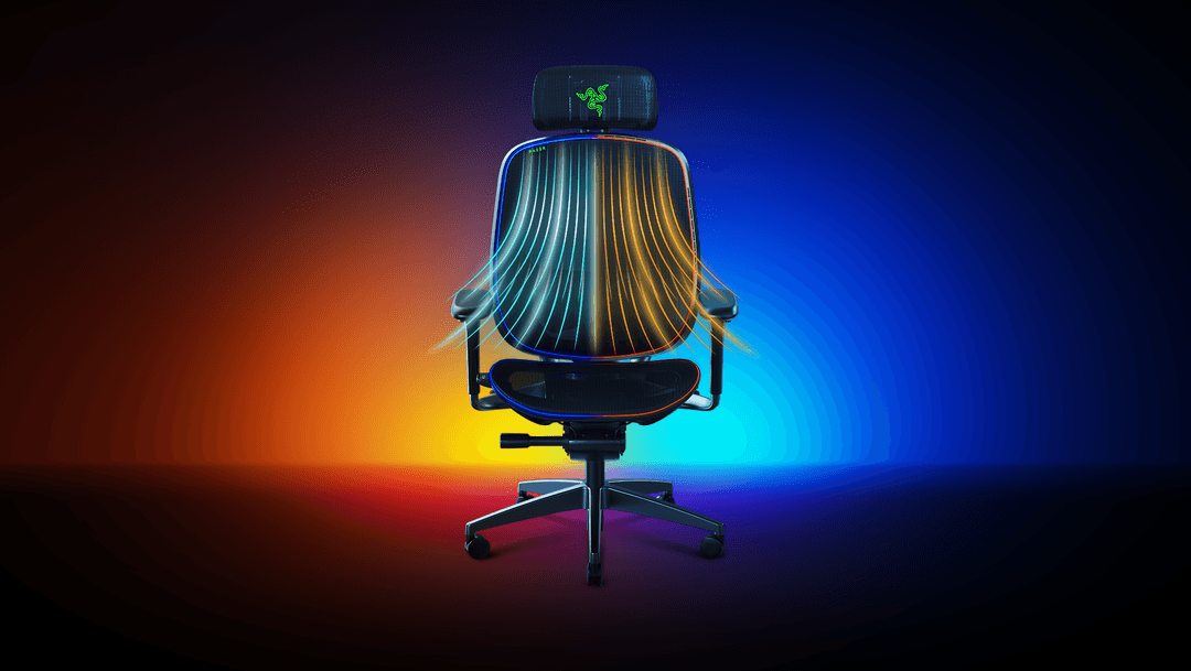 Chaise gaming Razer Arielle avec dossier en mesh à LED colorées, fond dégradé bleu, jaune et orange