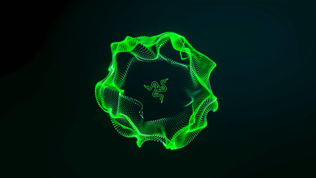 Logo Razer vert fluo en trois dimensions avec motif géométrique complexe sur fond noir