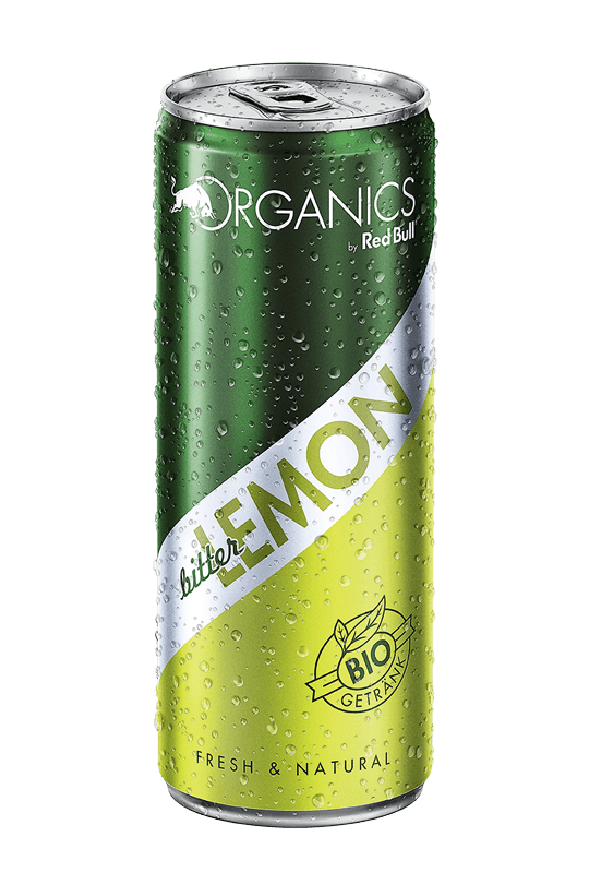 Canette ORGANICS by Red Bull Bitter Lemon, dégradé vert et jaune, avec gouttelettes de condensation