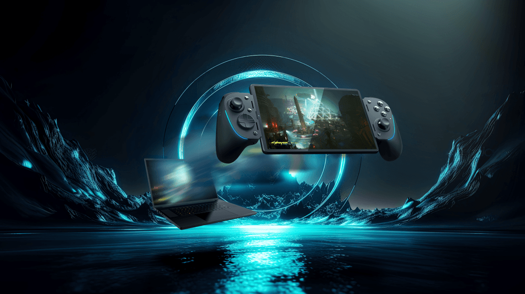 Razer Kishi Ultra connectant un smartphone à un PC, avec flux lumineux bleu turquoise et paysage numérique futuriste