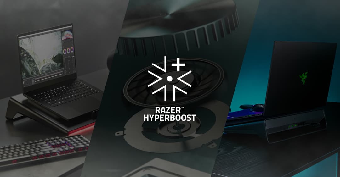 Logo Razer HyperBoost entouré d'un ordinateur portable Razer Blade et d'un refroidisseur pour PC portable noir avec accents bleus