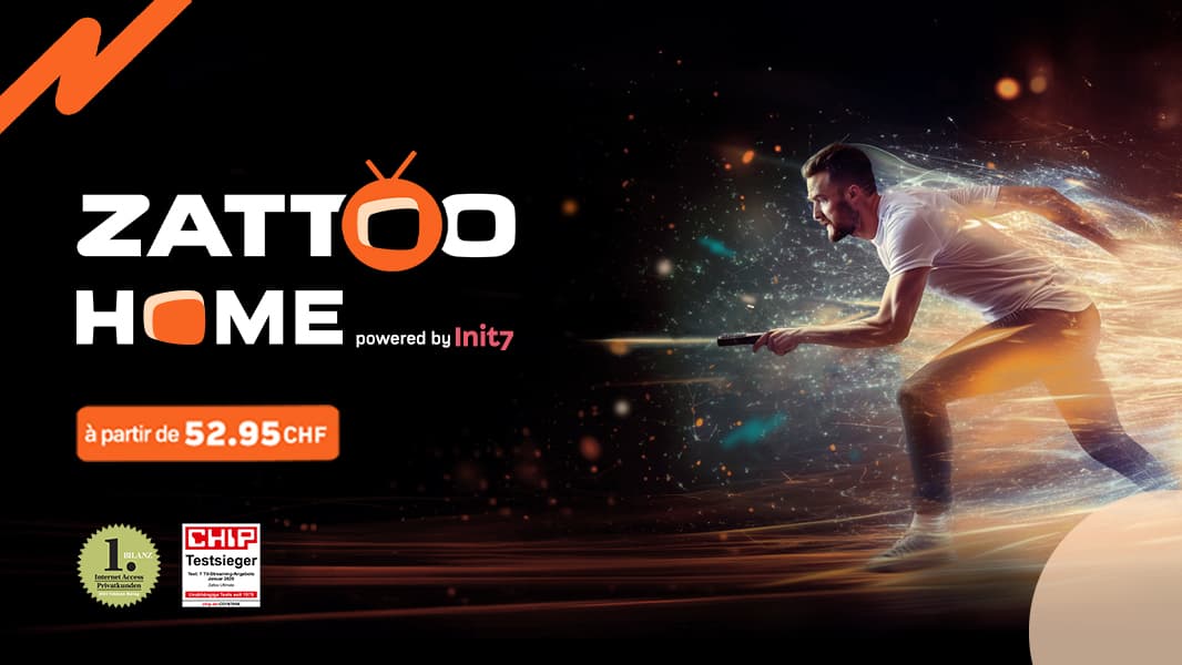 Logo Zattoo Home avec homme en action entouré d'effets lumineux orangés, tarif à partir de 52,95 CHF, powered by Init7