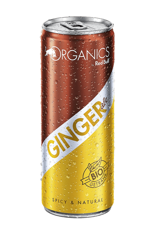 Canette ORGANICS by Red Bull saveur Ginger Ale, moitié marron et moitié jaune, avec gouttelettes de condensation