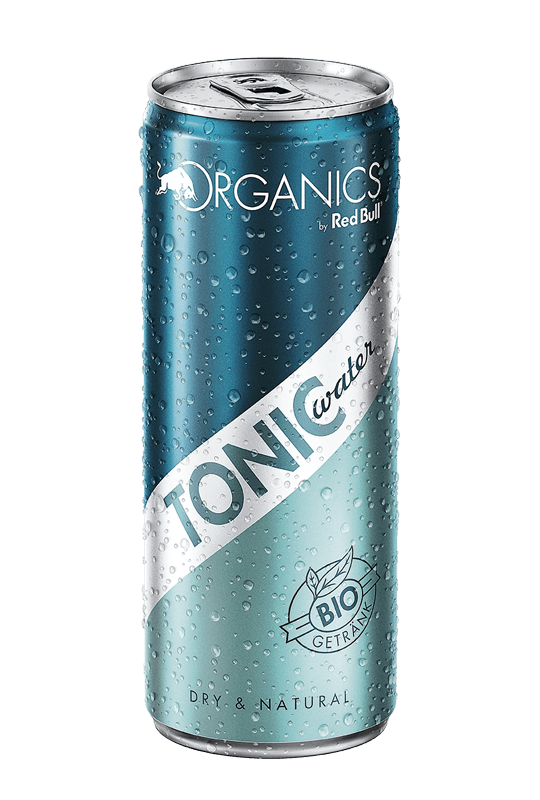 Canette ORGANICS by Red Bull Tonic Water, bleu et blanc, couverte de gouttes d'eau, avec inscription « Dry & Natural »