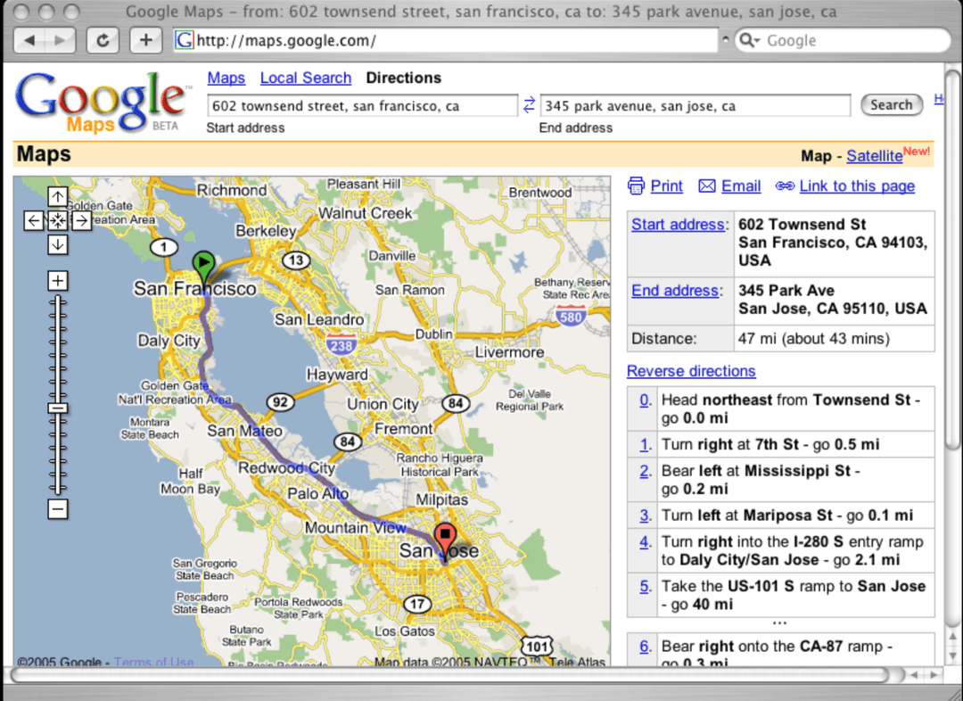 Interface de Google Maps en 2005 affichant un itinéraire entre San Francisco et San Jose en Californie avec carte routière et instructions détaillées